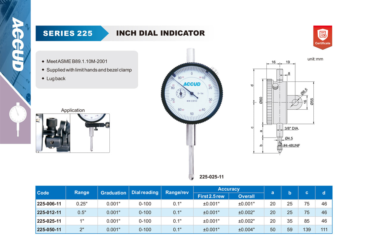 INCH DIAL INDICATOR, lug back range 2" resolution 0.001"